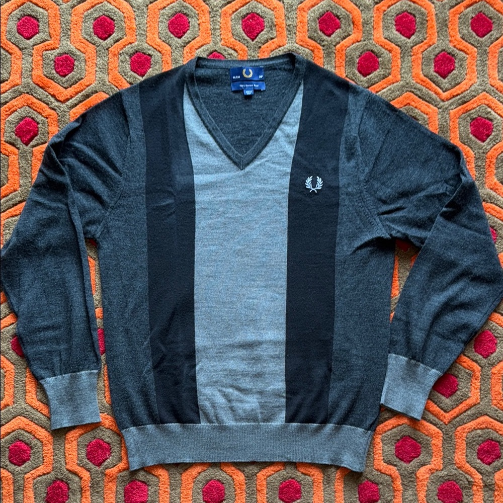 Fred Perry Gray and Black V-Neck Sweater